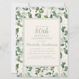 Elegant Green Eucalyptus Leaves 80th Birthday Invitation
