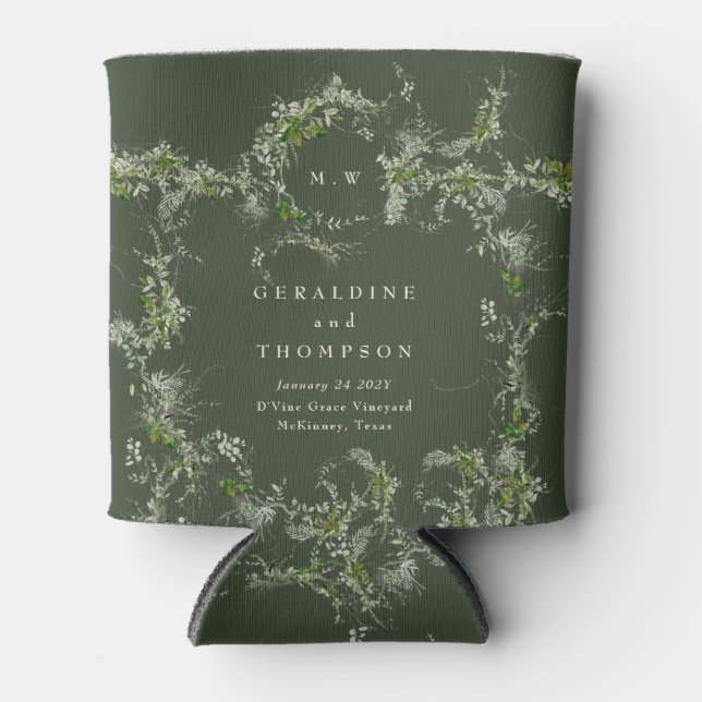 Elegant Green Eucalyptus Monogram Wedding Gift Can Cooler (Front)