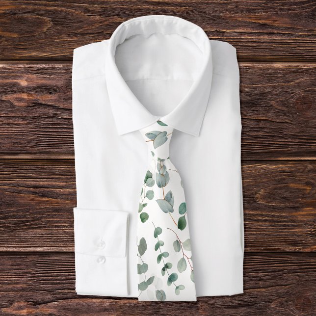 Elegant Green Eucalyptus Pattern Tie (Close up)