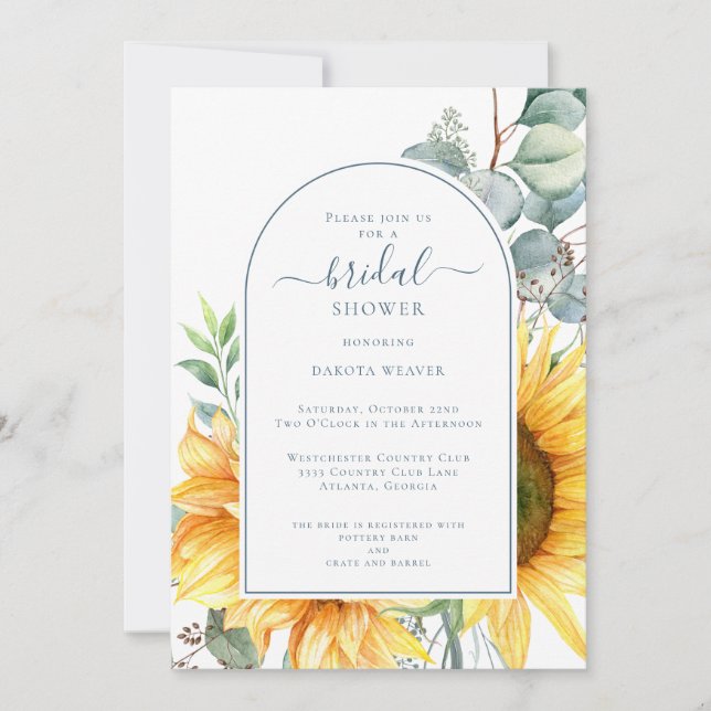 Elegant Green Eucalyptus Sunflower Bridal Shower Invitation (Front)