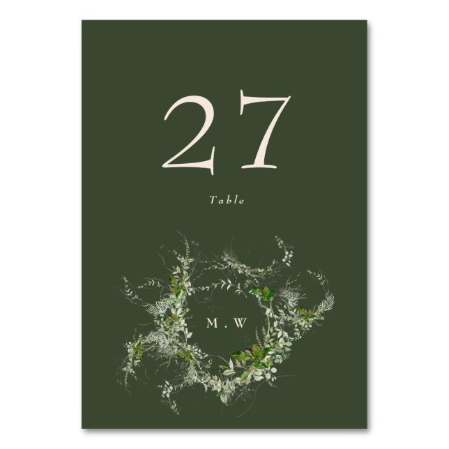 Elegant Green Eucalyptus Wreath Monogram Wedding Table Number (Front)