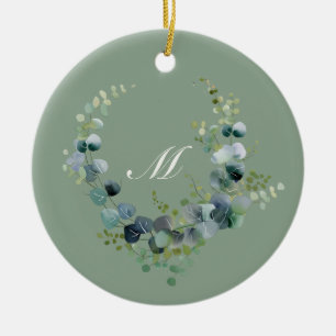 Elegant Green Eucalyptus Wreath Script Monogram Ceramic Tree Decoration