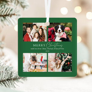 Elegant Green Family 4 Photo Collage Christmas Metal Tree Decoration