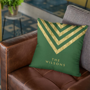 Elegant Green Family Name Chevron Pattern Cushion