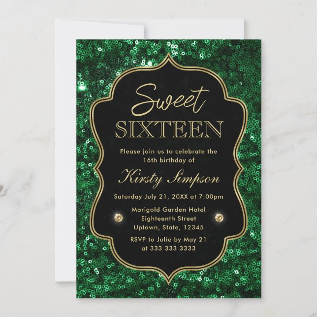 Elegant Green Faux Glitter & Gold Winter Sweet 16 Invitation (Front)