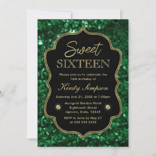 Elegant Green Faux Glitter & Gold Winter Sweet 16 Invitation