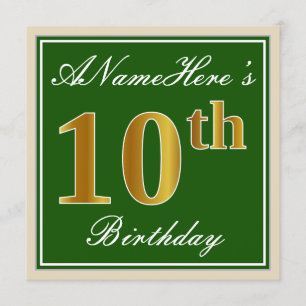 Elegant, Green, Faux Gold 10th Birthday + Name Invitation
