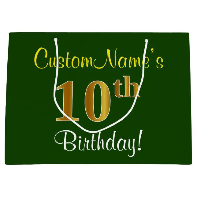 Elegant, Green, Faux Gold 10th Birthday + Name Large Gift Bag (Front)