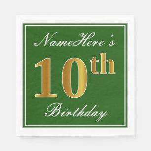 Elegant Green, Faux Gold 10th Birthday + Name Napkin
