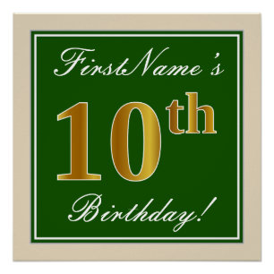 Elegant, Green, Faux Gold 10th Birthday + Name Poster