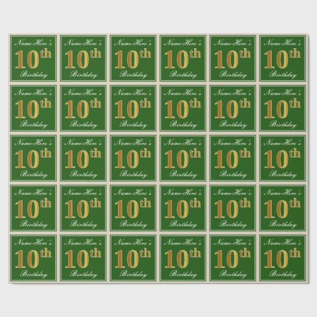 Elegant, Green, Faux Gold 10th Birthday + Name Wrapping Paper (Flat)