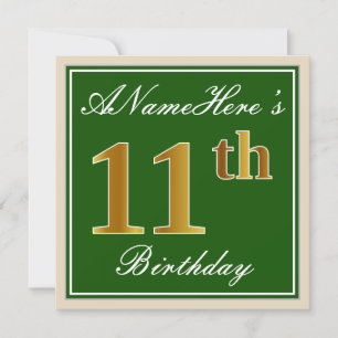 Elegant, Green, Faux Gold 11th Birthday + Name Invitation