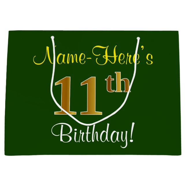Elegant, Green, Faux Gold 11th Birthday + Name Large Gift Bag (Front)