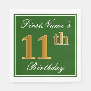 Elegant Green, Faux Gold 11th Birthday + Name Napkin
