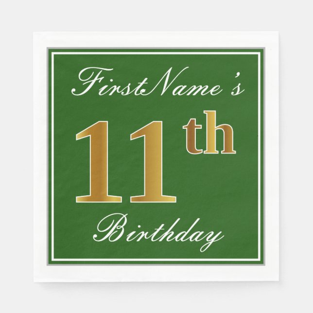 Elegant Green, Faux Gold 11th Birthday + Name Napkin (Front)