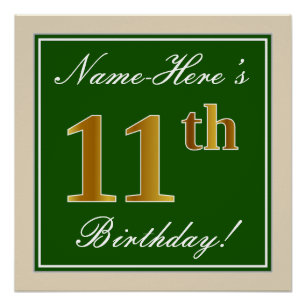 Elegant, Green, Faux Gold 11th Birthday + Name Poster