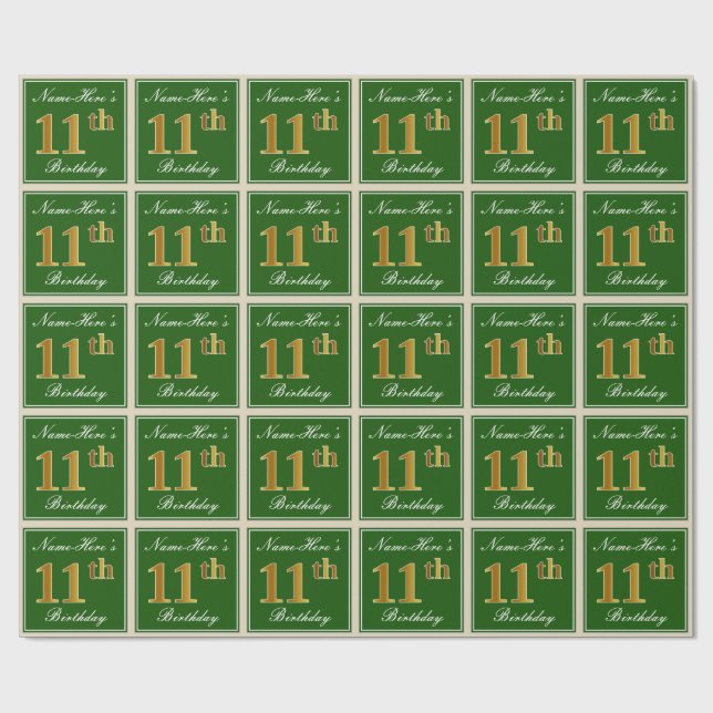 Elegant, Green, Faux Gold 11th Birthday + Name Wrapping Paper (Flat)