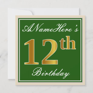 Elegant, Green, Faux Gold 12th Birthday + Name Invitation