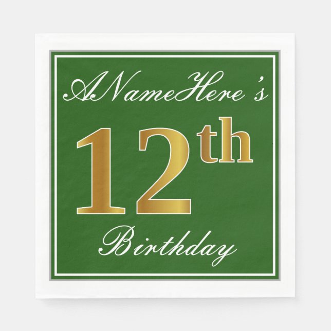 Elegant Green, Faux Gold 12th Birthday + Name Napkin (Front)