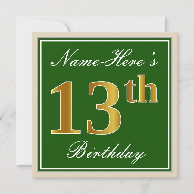 Elegant, Green, Faux Gold 13th Birthday + Name Invitation (Front)