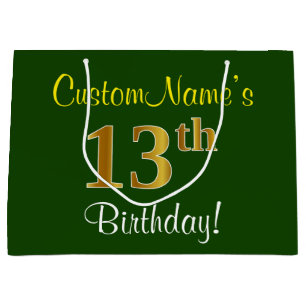 Elegant, Green, Faux Gold 13th Birthday + Name Large Gift Bag
