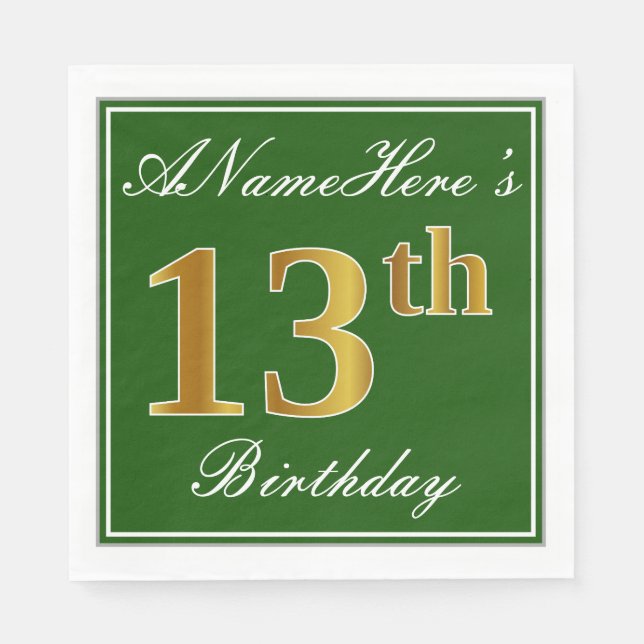 Elegant Green, Faux Gold 13th Birthday + Name Napkin (Front)