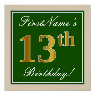 Elegant, Green, Faux Gold 13th Birthday + Name Poster