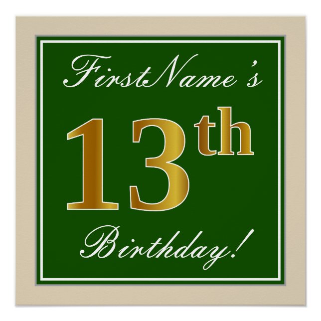 Elegant, Green, Faux Gold 13th Birthday + Name Poster (Front)