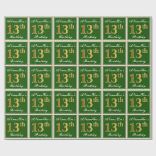 Elegant, Green, Faux Gold 13th Birthday + Name Wrapping Paper