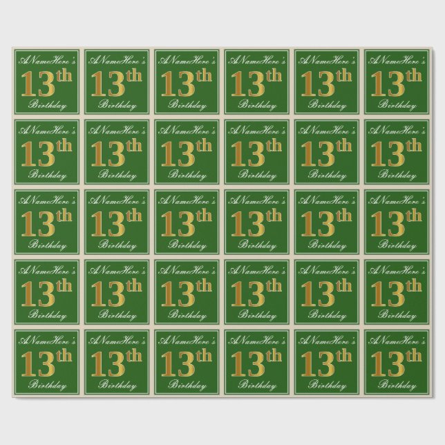Elegant, Green, Faux Gold 13th Birthday + Name Wrapping Paper (Flat)
