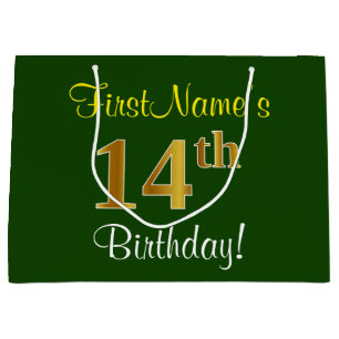 Elegant, Green, Faux Gold 14th Birthday + Name Large Gift Bag