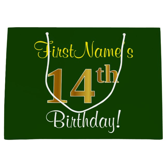 Elegant, Green, Faux Gold 14th Birthday + Name Large Gift Bag (Front)