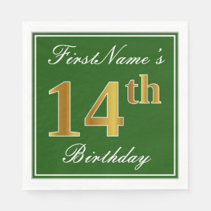 Elegant Green, Faux Gold 14th Birthday + Name Napkin