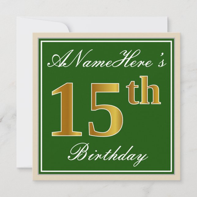Elegant, Green, Faux Gold 15th Birthday + Name Invitation (Front)