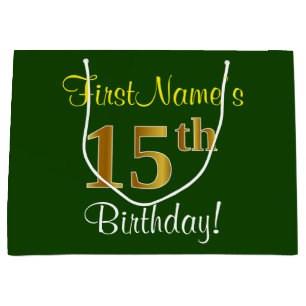 Elegant, Green, Faux Gold 15th Birthday + Name Large Gift Bag