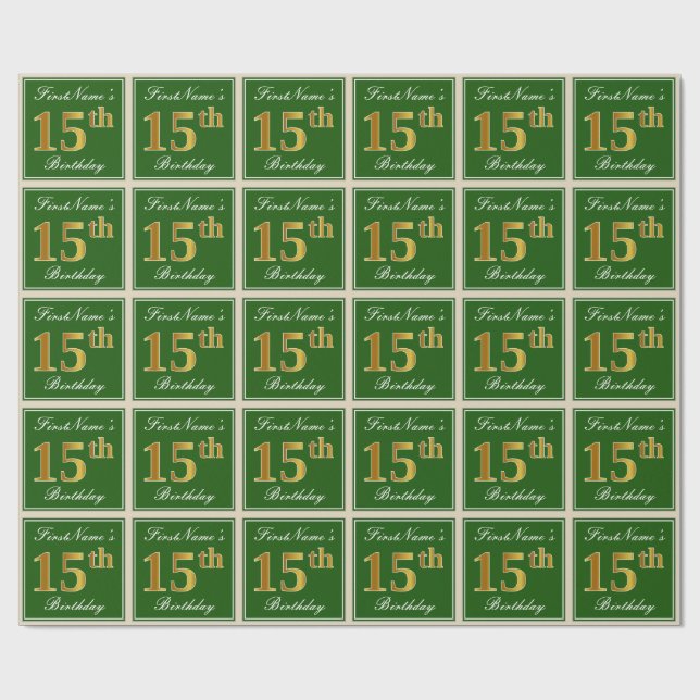 Elegant, Green, Faux Gold 15th Birthday + Name Wrapping Paper (Flat)