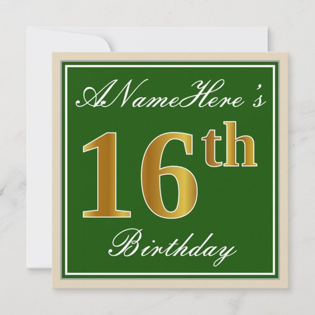 Elegant, Green, Faux Gold 16th Birthday + Name Invitation (Front)