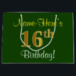 Elegant, Green, Faux Gold 16th Birthday   Name Large Gift Bag<br><div class="desc">This simple, elegant birthday gift bag design features a personalised message like "Name-Here’s 16th Birthday!" (with the "16th" having a faux/imitation gold-like colouring look) on a green coloured background. The name is in script-like, yellow-coloured text, and can be customised. A personalised birthday gift bag like this could perhaps be used...</div>