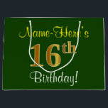 Elegant, Green, Faux Gold 16th Birthday   Name Large Gift Bag<br><div class="desc">This simple, elegant birthday gift bag design features a personalised message like "Name-Here’s 16th Birthday!" (with the "16th" having a faux/imitation gold-like colouring look) on a green coloured background. The name is in script-like, yellow-coloured text, and can be customised. A personalised birthday gift bag like this could perhaps be used...</div>