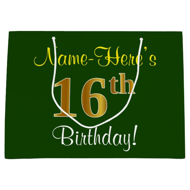 Elegant, Green, Faux Gold 16th Birthday + Name Large Gift Bag (Front)