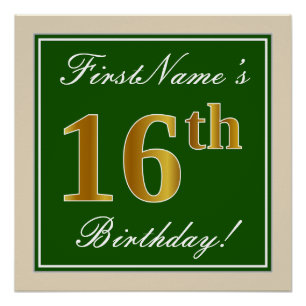 Elegant, Green, Faux Gold 16th Birthday + Name Poster