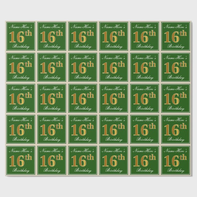 Elegant, Green, Faux Gold 16th Birthday + Name Wrapping Paper (Flat)
