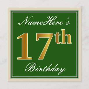 Elegant, Green, Faux Gold 17th Birthday + Name Invitation