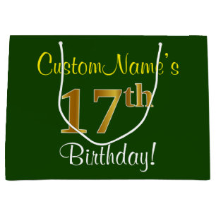 Elegant, Green, Faux Gold 17th Birthday + Name Large Gift Bag