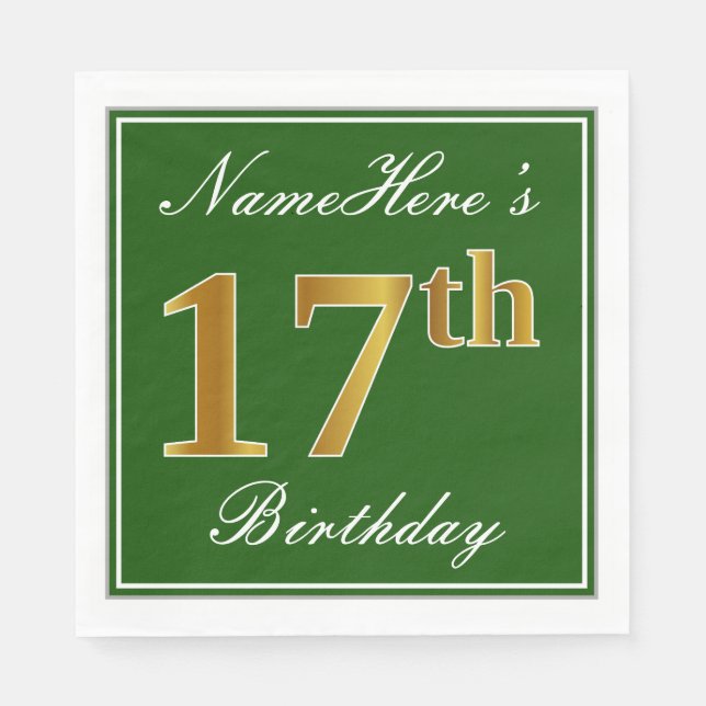 Elegant Green, Faux Gold 17th Birthday + Name Napkin (Front)