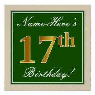 Elegant, Green, Faux Gold 17th Birthday + Name Poster