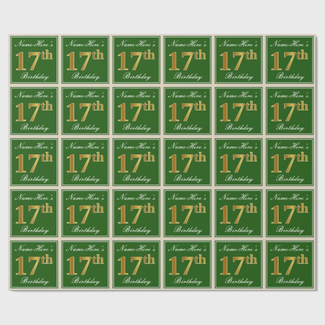 Elegant, Green, Faux Gold 17th Birthday + Name Wrapping Paper (Flat)