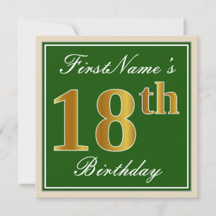 Elegant, Green, Faux Gold 18th Birthday + Name Invitation