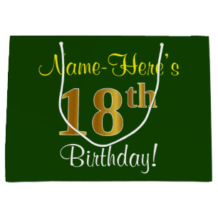 Elegant, Green, Faux Gold 18th Birthday + Name Large Gift Bag