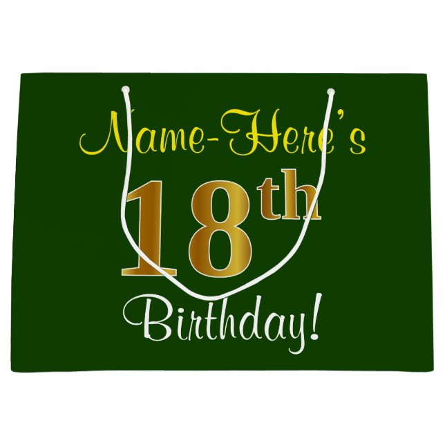 Elegant, Green, Faux Gold 18th Birthday + Name Large Gift Bag (Front)